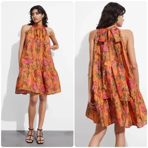 & Other Stories Womens Linen Blend Floral Bow Detail Tiered Trapeze Mini Dress 8 thumbnail 2