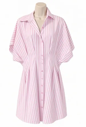 NWT COMMENSE Pink White Striped Shirt Dress L Collared Button Down thumbnail 1