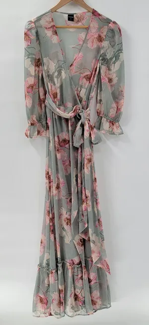 Express Wrap Dress Womens S/M Green Floral Watercolor Sheer Tiered Long Maxi thumbnail 1