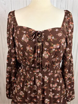 LIVE TO BE SPOILED Y2K Brown Chiffon Pink Floral Long-Sleeve Ruffled Mini Dress‎ thumbnail 2