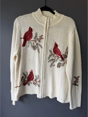 Heirloom Collectibles Christmas Collection XL Cream Knit Cardigan with Cardinal/ thumbnail 1