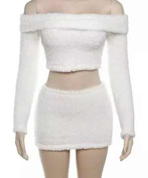 Hot 2Pcs Women Plush‎ Faux Fur Tops Short Warm Blouse Skirt Suit Size M Bin12 thumbnail 1