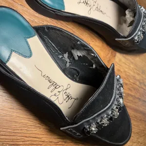 Libby Edelman Piper Black Satin Jeweled Mules Pointed Toe Flats‎ Size 9M thumbnail 6