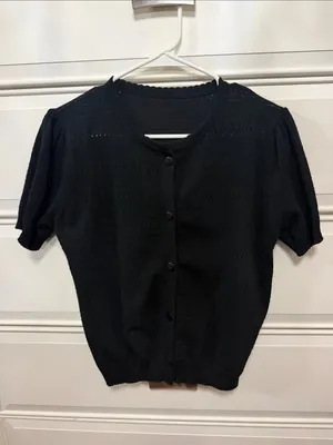 SHEIN Black Short-Sleeve Button Front Knit Cardigan thumbnail 2