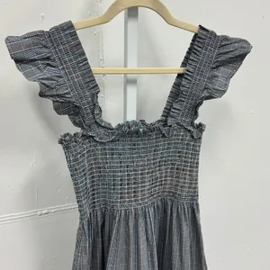 Hill House Ellie‎ Nap Dress XS Grey Blue Plaid Smocked Ruffle Midi Dress Picnic thumbnail 5