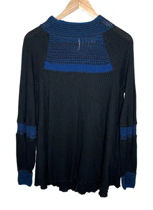 Free People Black Blue Snow Day Knit Thermal Top Medium thumbnail 1