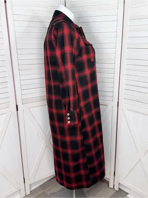 L&S‎ Plaid Snap Front Midi Duster Shirt Dress Shacket Red Black XL Western Boho thumbnail 3