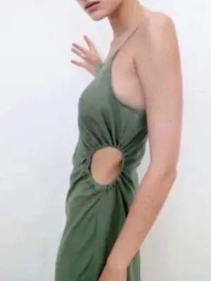 Zara Olive Cutout Halter Maxi Dress thumbnail 2