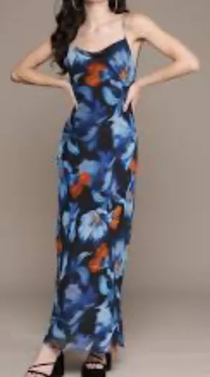SheIn Women Blue and Orange Floral Maxi Dress‎ Size Medium thumbnail 1