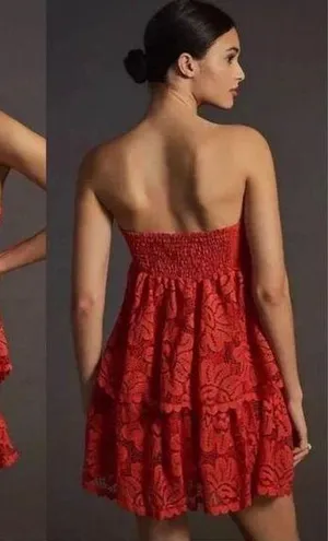 MAEVE x ANTHROPOLOGIE | Strapless Layered Mini Dress Lace Red Orange | Small thumbnail 2