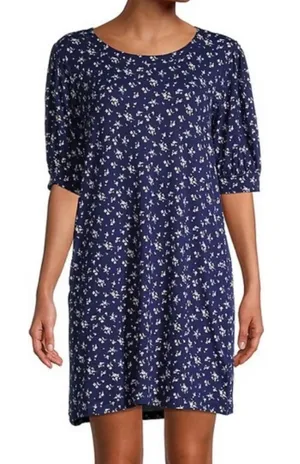Socialite Womens Sz Small T-Shirt Dress Navy Blue White Floral Short Puff Sleeve thumbnail 1