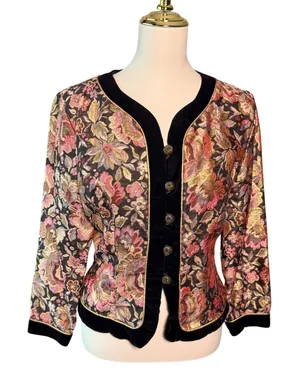Vintage 80s Scott McClintock Floral Brocade Velvet Evening Jacket Gold Approx M thumbnail 1