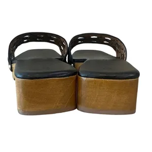 Tory Burch Basketweave Leather Clogs Black Wood Platform‎ 9 thumbnail 4