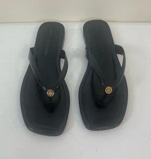 Tommy Hilfiger Black Patent Croc-Effect Thong Sandals with Gold Logo thumbnail 1
