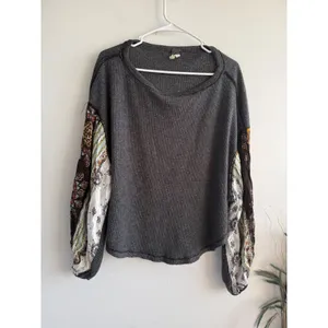 Free People We The Free Grey Waffle Knit Patchwork Paisley Sleeve Thermal Top XS thumbnail 2