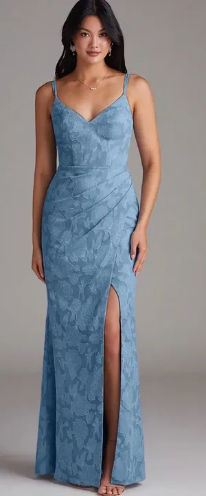 Azazie Leo Blue Lace V-Neck Evening Dress with Side Slit thumbnail 1