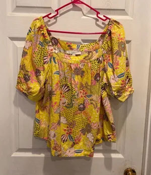 LOFT‎ Womens Yellow Floral Linen Blend Square Neck Puff Sleeve Blouse L Tropical thumbnail 1