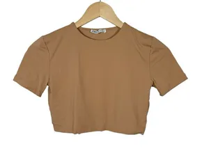 Zara Cropped Fitted Short Sleeve Tee Tan Stretch Top Size M thumbnail 1