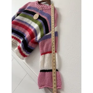 BiBi Sweater M Chunky Knit Striped Bell Sleeve Crop Pullover Colorful Boho NWT thumbnail 6