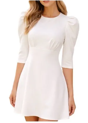 CALVIN KLEIN White Dress Puff Sleeve High Waist Lined Scuba Crepe Size 8 thumbnail 1