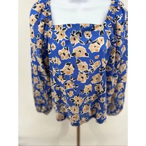 Ann Taylor Floral Square Neck Puff Sleeve Top Womens S Blue Tan Office Bohemian thumbnail 7