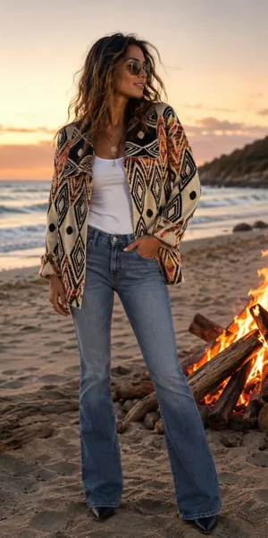 Open-Front Geometric Cardigan in Cream and Black with Rust Accents thumbnail 1