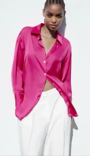 Zara Hot Pink Satin Button-Down Blouse Wide Cuffs Size Medium🎀 thumbnail 1