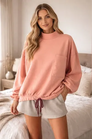 Nap Loungewear Peach Coral Oversized Sweatshirt Hi-Low Drawstring Hem Size Large thumbnail 1