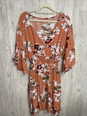 Rust Floral V-Neck Smocked Midi Dress thumbnail 1
