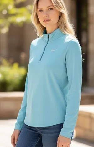 NIKE RUNNING TOP 1/2 Zip Collar Teal SZ LG Long Sleeve Finger Holes Athletic thumbnail 1