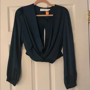 Nordstrom Astr The Label emerald green Satin Crop Faux Wrap long sleeve Top thumbnail 2