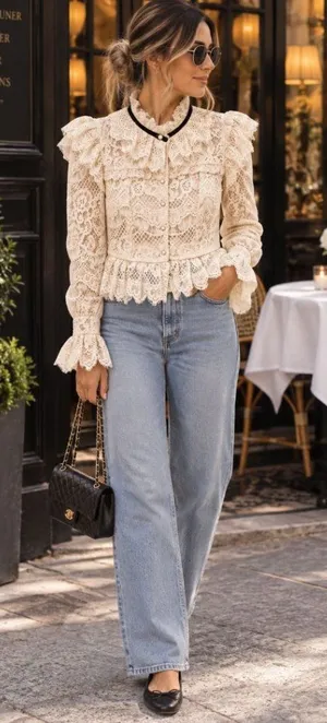 NWT Miss Rosier Ivory Lace Long Sleeve Top S Victorian Romantic Ruffles Coquette thumbnail 1