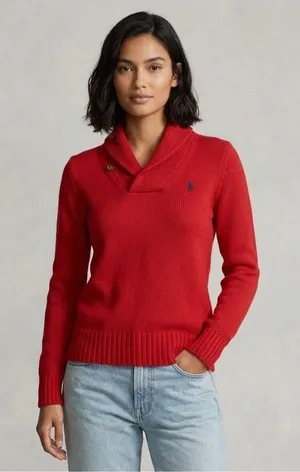 NWT Polo Ralph Lauren Cotton V-neck Shawl Collar Sweater in Fall Red Pullover M thumbnail 1