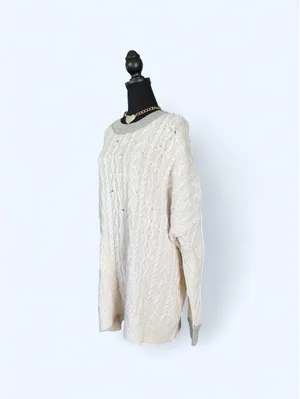 Free People Boho Distressed Oversized Cable Knit Tunic Sweater size medium 🤍 thumbnail 5