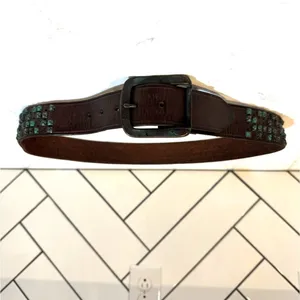 Vintage Brown leather metal turquoise patina studded belt size 34-38” western thumbnail 2