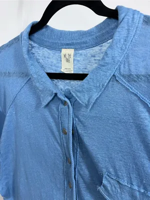 We The Free oversized linen cotton Button-Front Pocket Tee L collared sheer top thumbnail 9