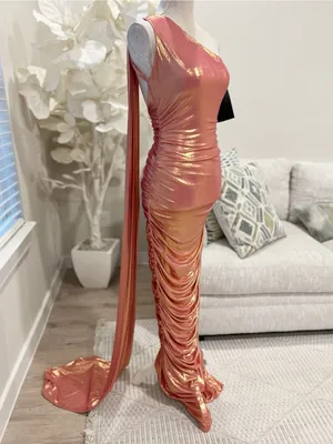 Retrofete Shannon Elegant Golden Peach Metallic Ruched Backless Evening Gown S thumbnail 6
