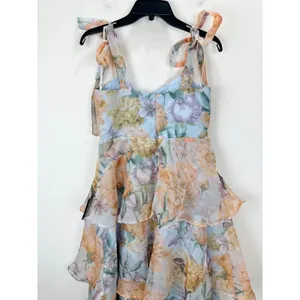 Lulus Playfully Posh Blue Floral Organza Tie-Strap Tiered Midi Dress Medium NWT thumbnail 7
