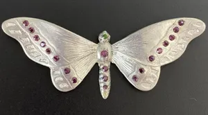 Vintage Silver Tone Rhinestone Butterfly Moth Brooch Pin Purple & Green Stones thumbnail 1