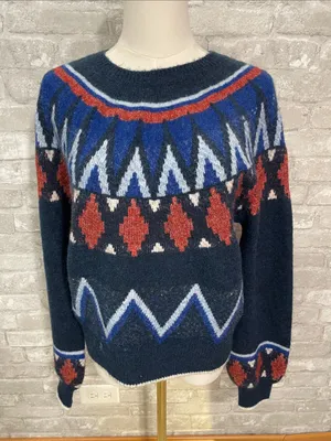 Sundry Navy Fair Isle Crewneck Sweater with Red and Royal Blue Accents thumbnail 1