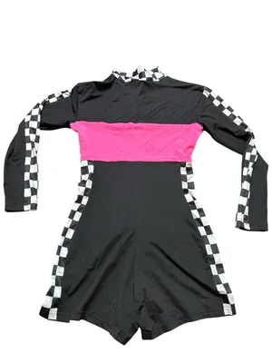 Checkerboard Racing Romper with Hot Pink Panel Black Size M thumbnail 2