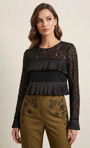 AKIRA Black Lace Ruffle Long Sleeve Blouse thumbnail 1