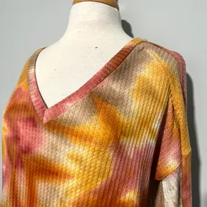 BiBi Colorful Pink Yellow Tan Colorful Tie Dye Waffle Knit Top Shirt thumbnail 3