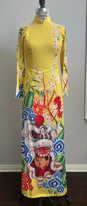 Ao Dai Silk Yellow Floral Dragon Print Long Sleeve Maxi Dress Size M thumbnail 1