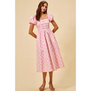 SO ME Polka Cotton Print Short Sleeves Midi Dress - Pink - Large thumbnail 3