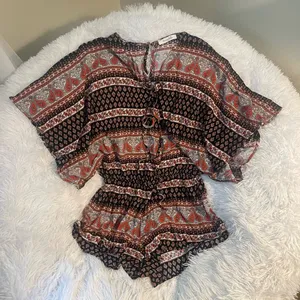 Honey Belle Bohemian hippie Gypsy paisley festival lace up tie batwing summer spring flowing romper thumbnail 1