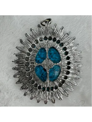 Vintage Silver Tone and Turquoise Pendant Large Oval Southwestern Western thumbnail 3