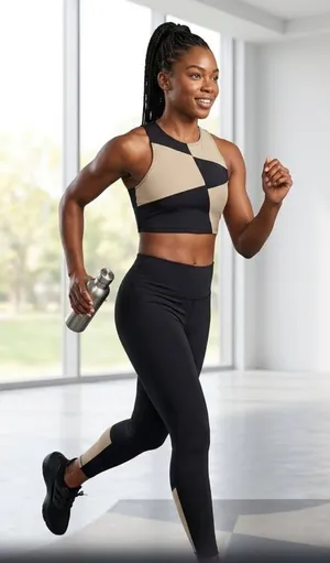 Colorblock Black and Beige high neck sports bra thumbnail 1