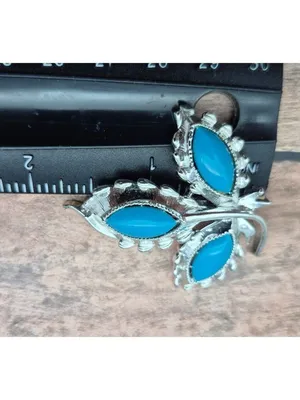 Vintage Faux Turquoise Brooch Clip On Earrings Demi Parure Silver Tone thumbnail 8