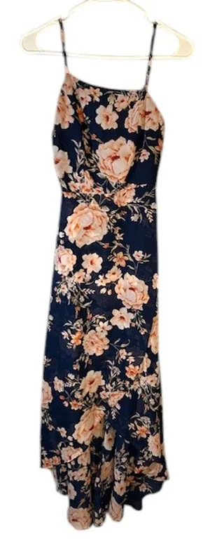 Lulus Navy Blue Pink Floral Asymmetrical High Low Dress Woman Sz XS thumbnail 1